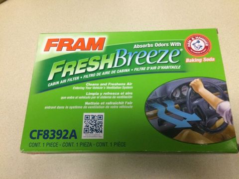 2002 Pontiac Grand Prix - The image shows the front of a green cardboard box for a FRAM FreshBreeze cabin air filter with Baking Soda. Text on the box includes "FRAM…