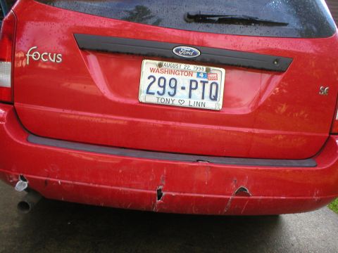 1978 Ford Bronco - Rear-ended by a Saturn at about 30mph. The Saturn was way worse off: hood buckled in half, all lights smashed, had to be towed away.