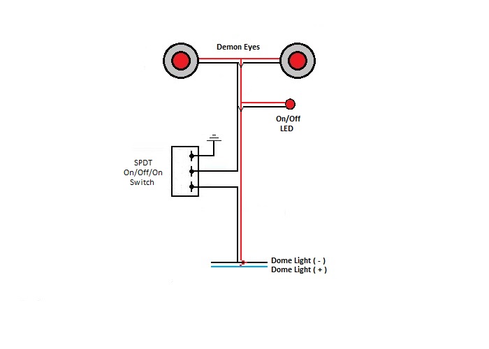 Here is a schematic of how I will wire the Demon Eyes. This will allow me to turn them on manually, or have them turn on with the dome light. I will also put a 5mm red LED somewhere so I know when the Demon Eyes are on.