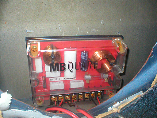 MB Quart crossover for car speakers, with red circuit board and copper coils