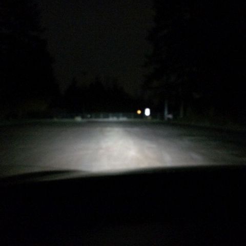 2002 Pontiac Grand Prix - Headlights illuminate a dark, paved road at night. The view is from inside a vehicle, looking forward.