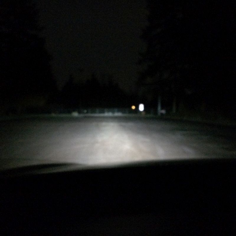 View from inside a car at night, looking down a road illuminated by headlights.