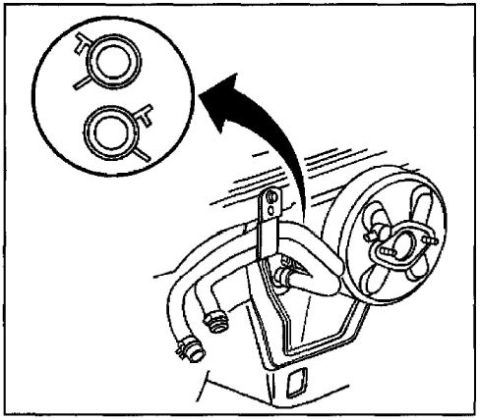 2002 Pontiac Grand Prix - A close-up illustration shows two hose clamps within a circle, with an arrow pointing towards a vehicle component that includes hoses and a…