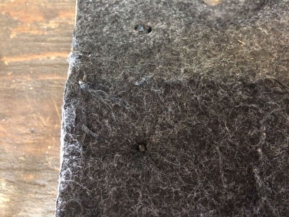 Close-up of dark gray felt material with two metal fasteners.