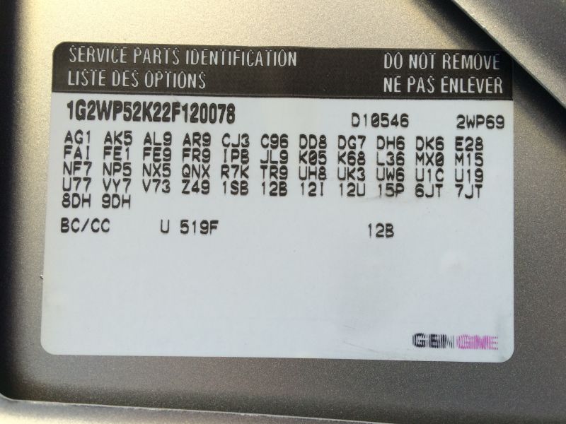 2002 Pontiac Grand Prix service parts identification sticker with VIN 1G2WP52K22F120078 and option codes