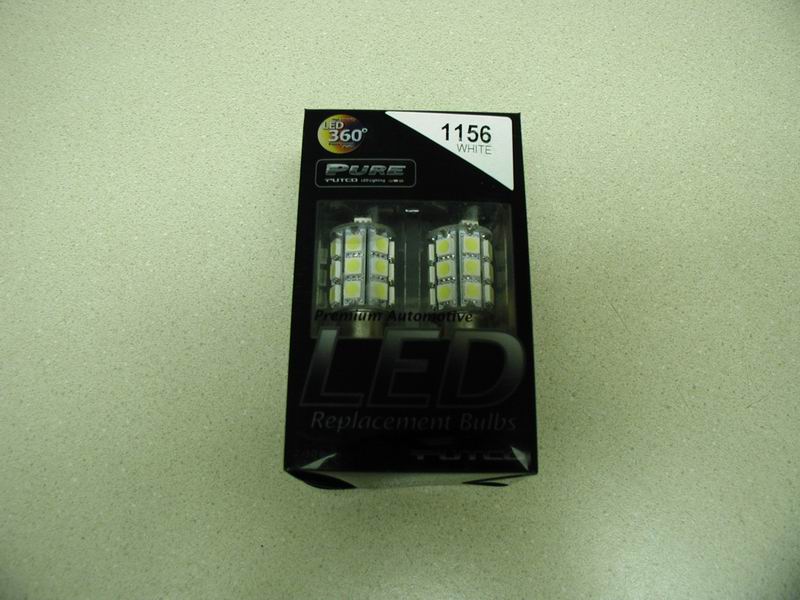 Package of two white LED automotive replacement bulbs, model 1156.