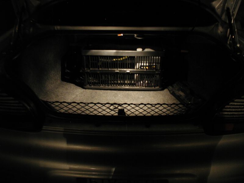 Open car trunk with pet carrier and cargo net