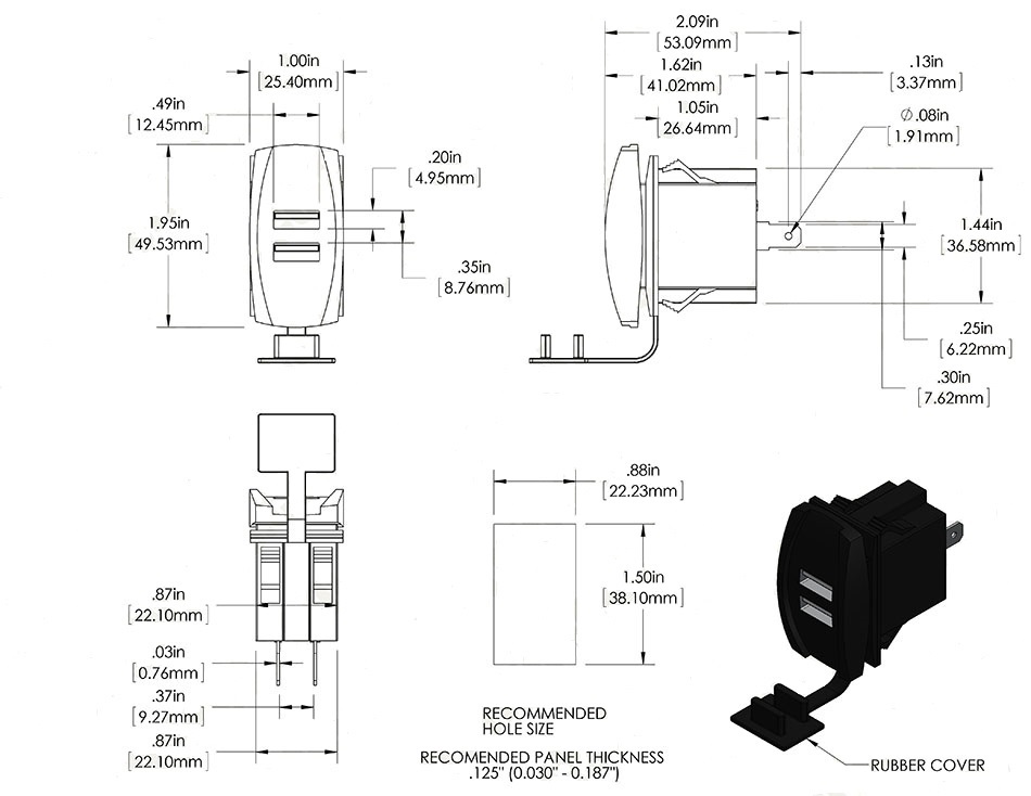 Technical drawing and photo of a dual USB car charger with dimensions.