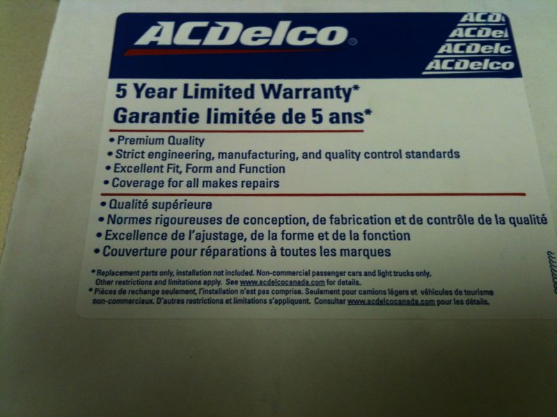 ACDelco 5 Year Limited Warranty document with English and French text.