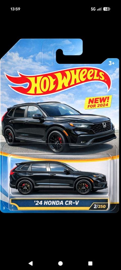 2026 Honda CR-V - A black 2024 Honda CR-V Hot Wheels diecast car is displayed in its packaging against a sky background. The packaging features the Hot Wheel…