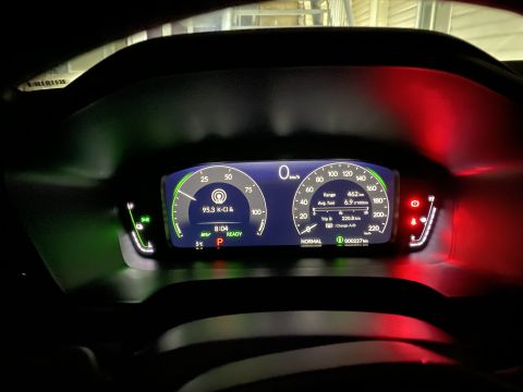 2026 Honda CR-V - The digital dashboard of a modern vehicle displays speed, fuel range, average fuel consumption, trip distance, and time. The display shows…