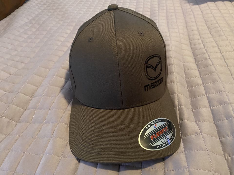Dark gray Mazda baseball cap with Flexfit tag