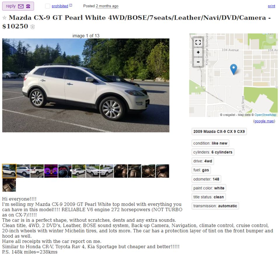 2009 white Mazda CX-9 GT 4WD parked in a lot