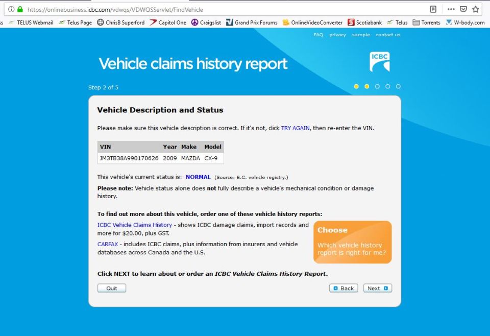 Screenshot of ICBC vehicle claims history report for a 2009 Mazda CX-9.