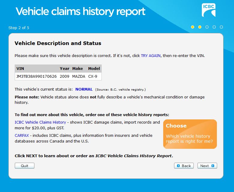 Screenshot of a 2009 Mazda CX-9 vehicle claims history report.