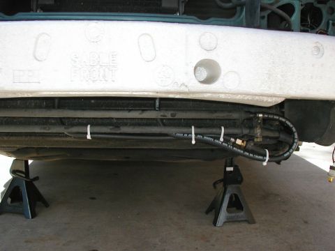 1996 Mercury Sable - New hoses and how they're tie-wrapped to the existing power steering and transaxle fluid coolers.