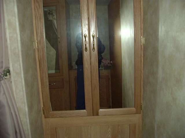 Wooden cabinet with glass doors, person reflected in glass