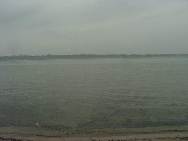 Water scene with distant trees and Supermotors logo