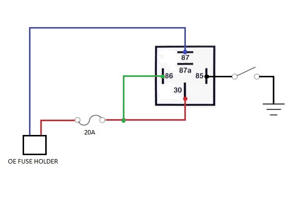 Automotive relay wiring diagram with connections labeled 30, 85, 86, 87, 87a.