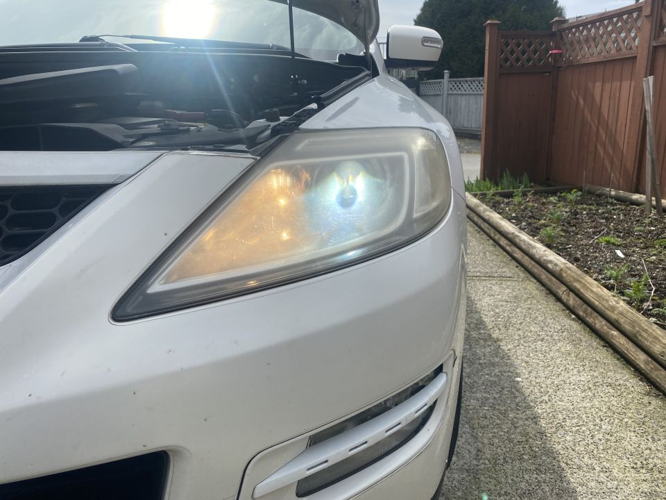 The dirty yellow high beams (Piaa Xtreme White, 4000K) vs the HID low beams (Morimoto XB D Series, 5500K).