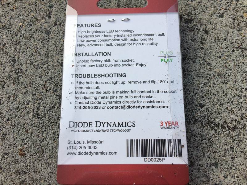 Product package for Diode Dynamics LED bulbs with installation and troubleshooting instructions.