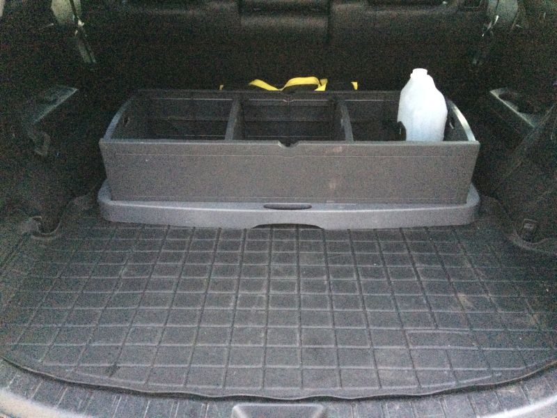 Cargo area of a dark SUV with a black organizer and a white jug on a rubber mat.