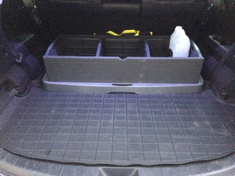 Cargo area of a dark SUV with a rubber mat and a three-compartment organizer holding a plastic jug.