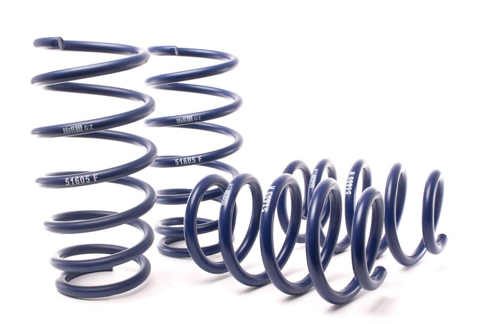 Pair of blue H&R lowering springs with part numbers 51605 F and 51605 R.