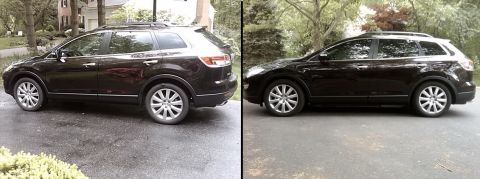 2009 Mazda CX-9 - The side profile of a dark-colored Mazda CX-9 SUV is shown in two separate images. The vehicle is parked on an asphalt driveway with trees…