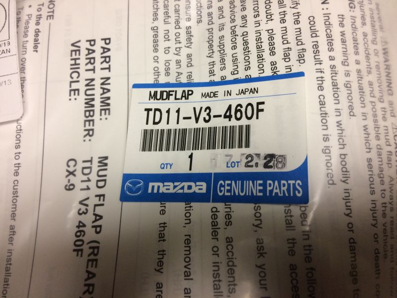 Mazda OE mud guards. Front part #TD11-V3-450F. Rear part #TD11-V3-460F.