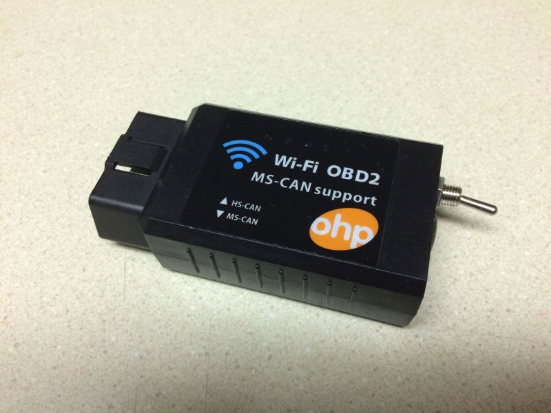 Black Wi-Fi OBD2 scanner with 'ohp' logo and toggle switch.