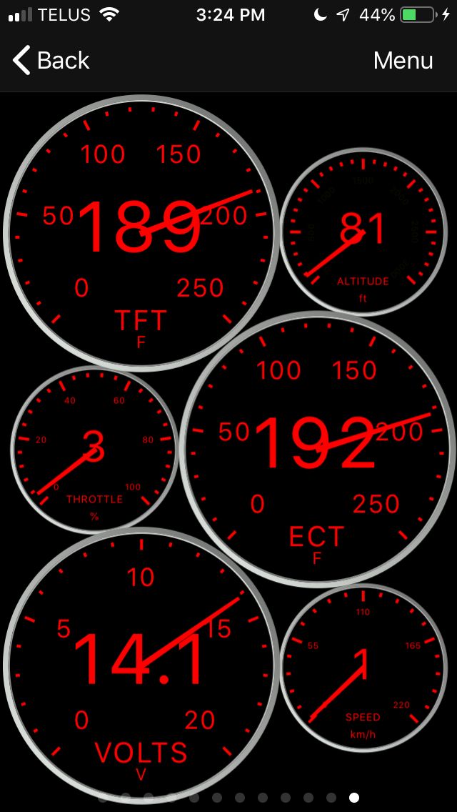 Digital dashboard gauges with red needles and numbers on a black background.