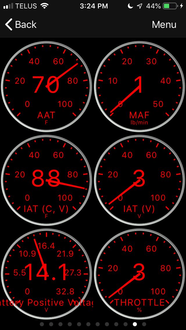 Screenshot of a digital dashboard with six gauges showing engine data.