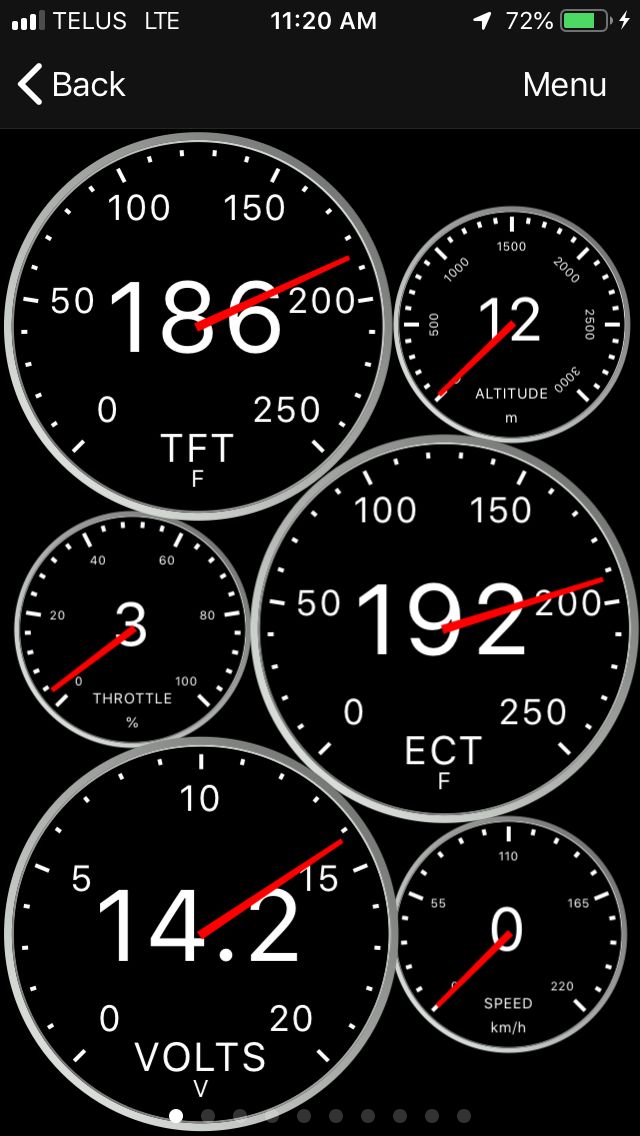 Dashboard gauges showing speed, throttle, temperature, and voltage.