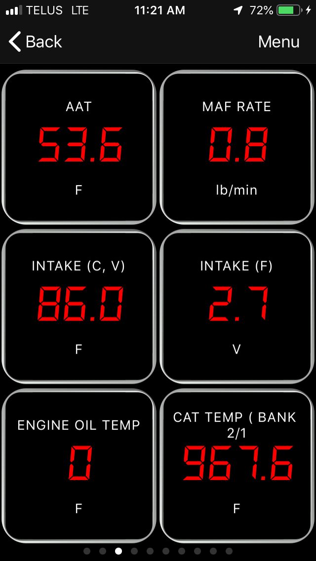 Screenshot of a digital car dashboard with six gauges displaying various engine data.