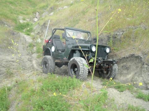 1989 Ford Bronco - A green off-road jeep navigates a dirt path on a grassy hillside.
