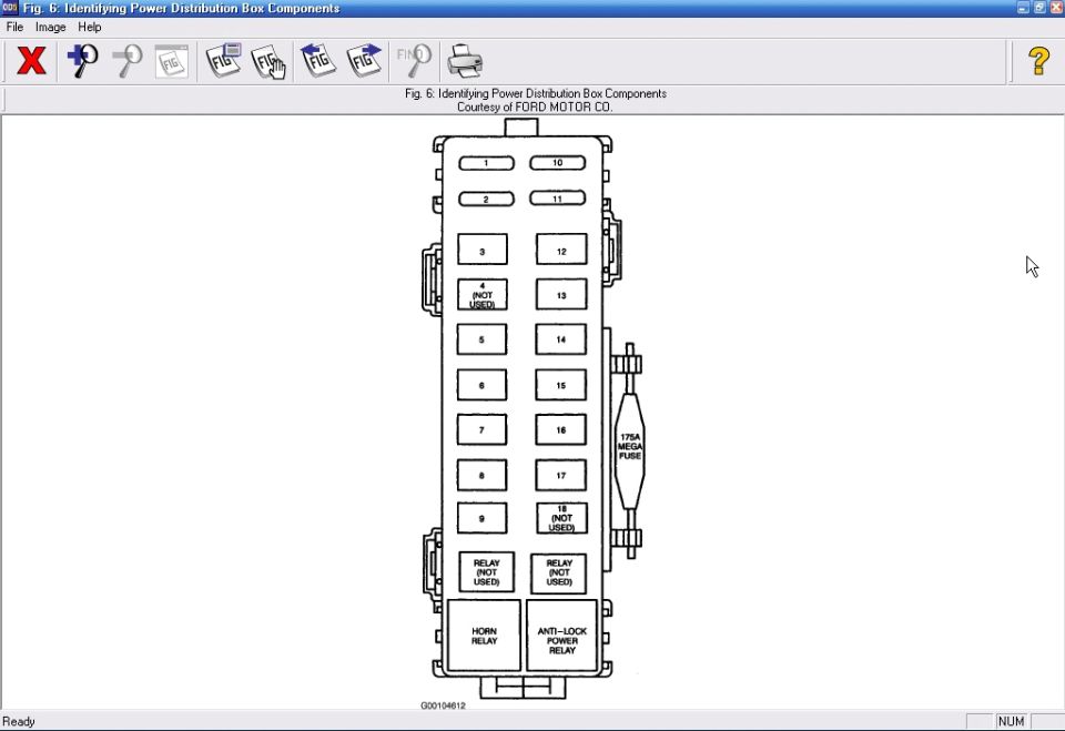 Ford power distribution box fuse and relay layout, Fig. 6, with 175A mega fuse and horn relay