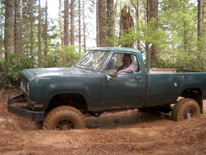 Green pickup truck stuck in mud with a man driving