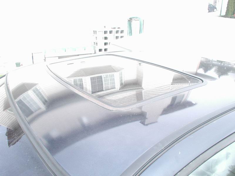 Sunroof of a dark coupe reflecting a house and sky.