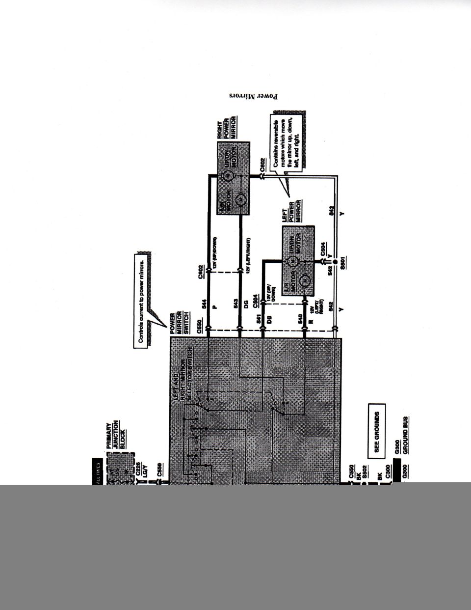 Wiring diagram for 1990 Ford Thunderbird power mirror system.