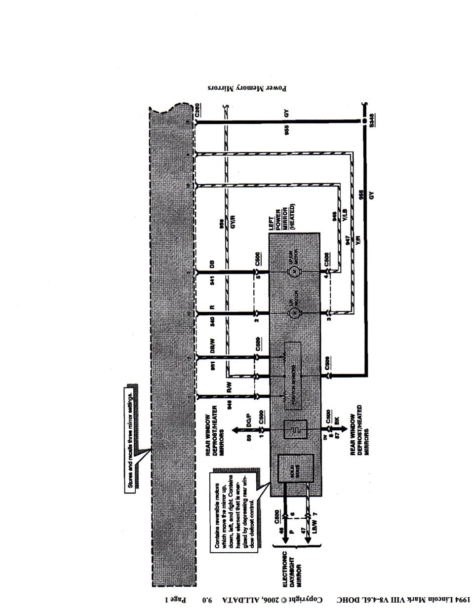 Wiring diagram for power memory mirrors, rear window defrost/heater mirrors, and electronic day/night mirror.