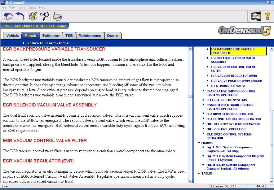 Screenshot of OnDemand5 software showing EGR system information for a 1990 Ford Thunderbird Super Coupe.