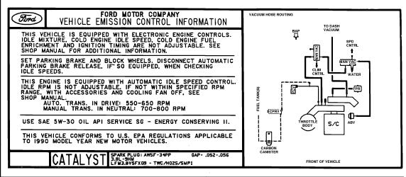 Ford 1990 vehicle emission control information label with 3.8L vacuum hose routing diagram