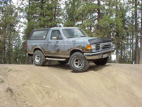 1989 Ford Bronco - This 1989 Ford Bronco is shown on a dirt incline, surrounded by trees.