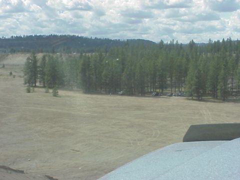 1989 Ford Bronco - A collection of vehicles are parked amongst trees in a rural landscape.