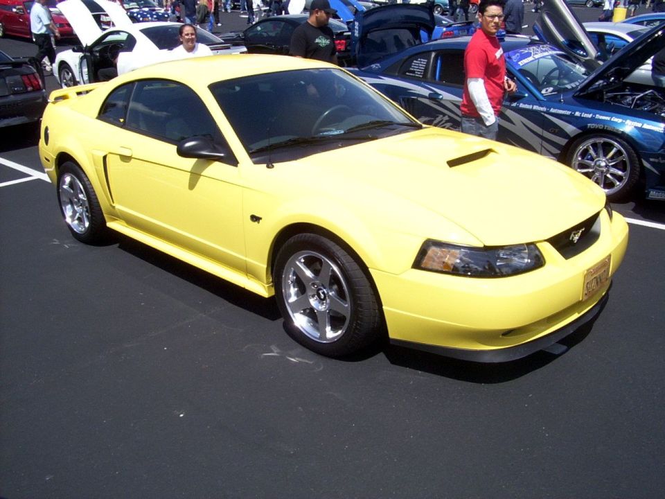 Yellow Ford Mustang GT coupe parked at a car show among other vehicles