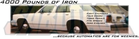 1991 Ford LTD Crown Victoria - This white sedan is shown from the side, with text highlighting its eight cylinders, four doors, three pedals, and five speeds.