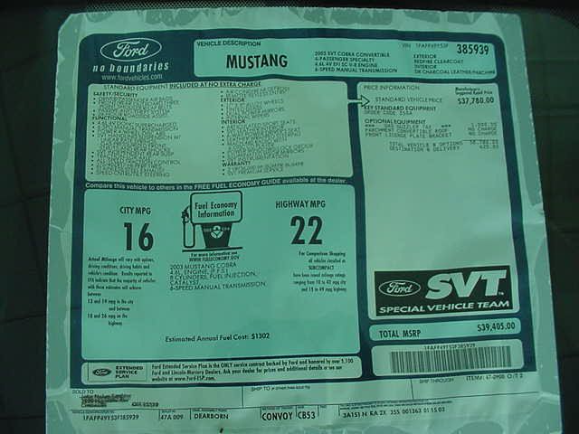 2003 Mustang SVT Cobra convertible window sticker with 16 city and 22 highway MPG and $39,405.00 total MSRP