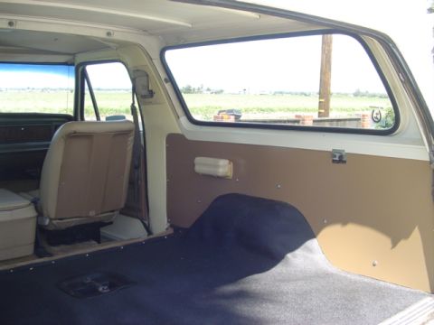 1979 Ford Bronco - The interior of a vintage SUV is shown, with a view of the rear cargo area and a glimpse of the outdoors through the side window.
