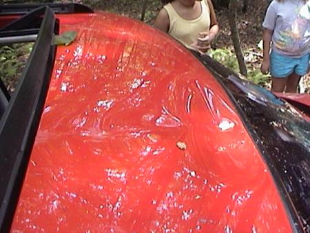 1979 Ford Bronco II - The red roof of a vehicle is visible, with debris scattered across its surface. Two people stand in the background.